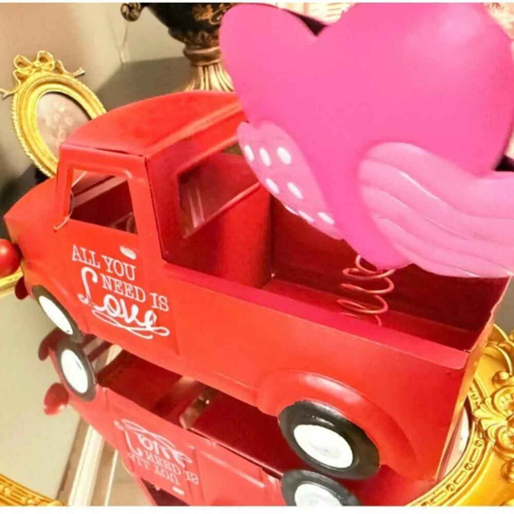Valentine Red Truck Decor “All You Need Is Love” Metal Tabletop Heart Accent